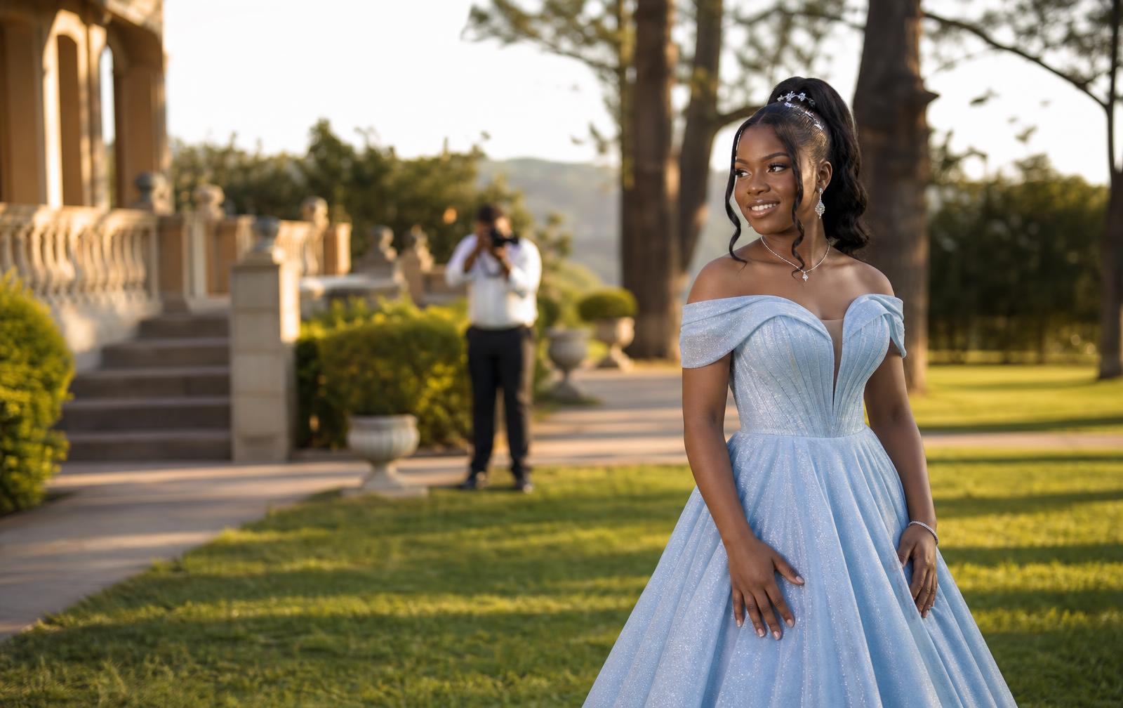 Matric dance student in an elegant gown photographed in the garden of an upscale guesthouse